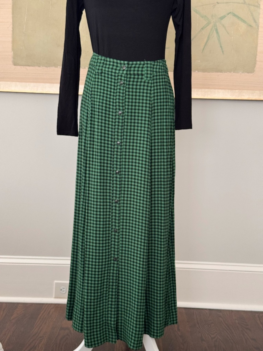GANNI Green & Black Gingham Maxi Skirt